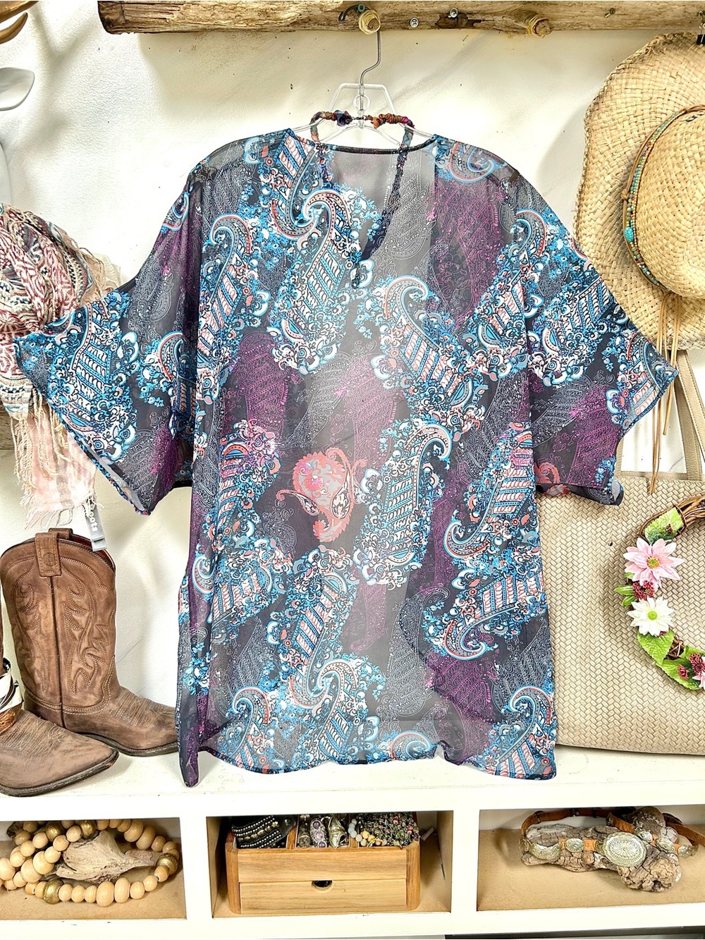Boho Paisley Open-Front Kimono cover up Gypsy southwestern vibe - Picture 8 of 9